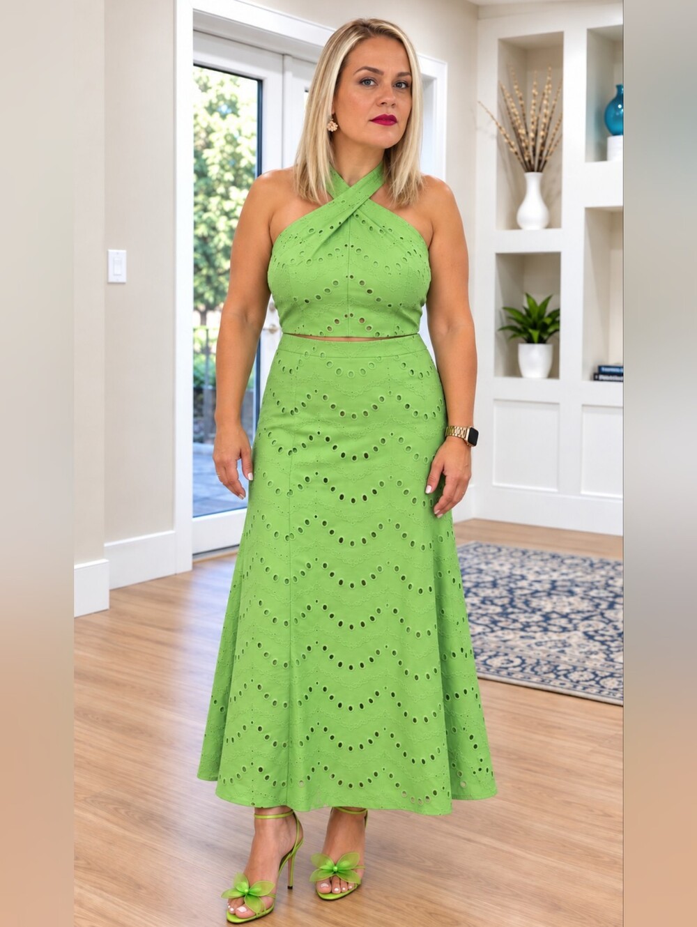 Rachel Zoe Lime Green Eyelet Maxi Skirt And Top